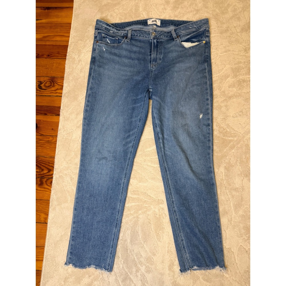 Paige Skyline Ankle Slim Straight Raw Hem Jeans Medium Wash Size 34